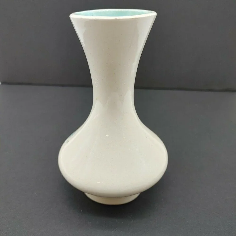 Ceramic Vase With Blue Floral Design & Turquoise Interior Marked Anna 1972 VTG